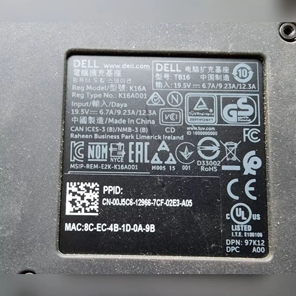 Genuine Dell Thunderbolt Dock USB Type-C Model K16A with 180W Power Supply